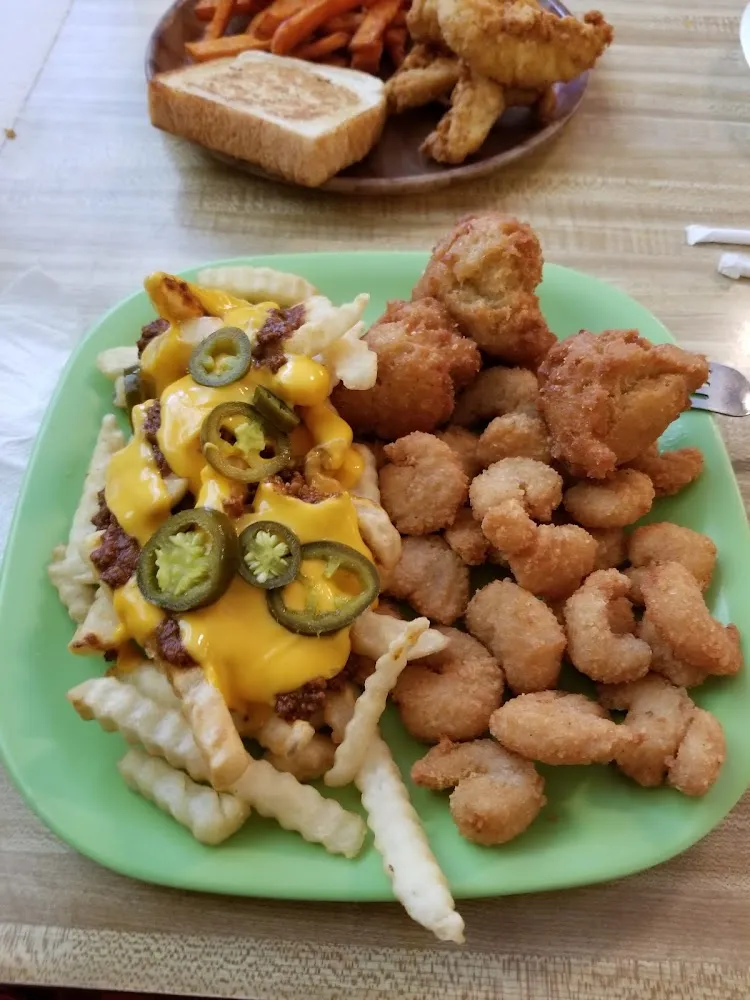 Fried Shrimp with a Side of Garbage Fries with Cheese